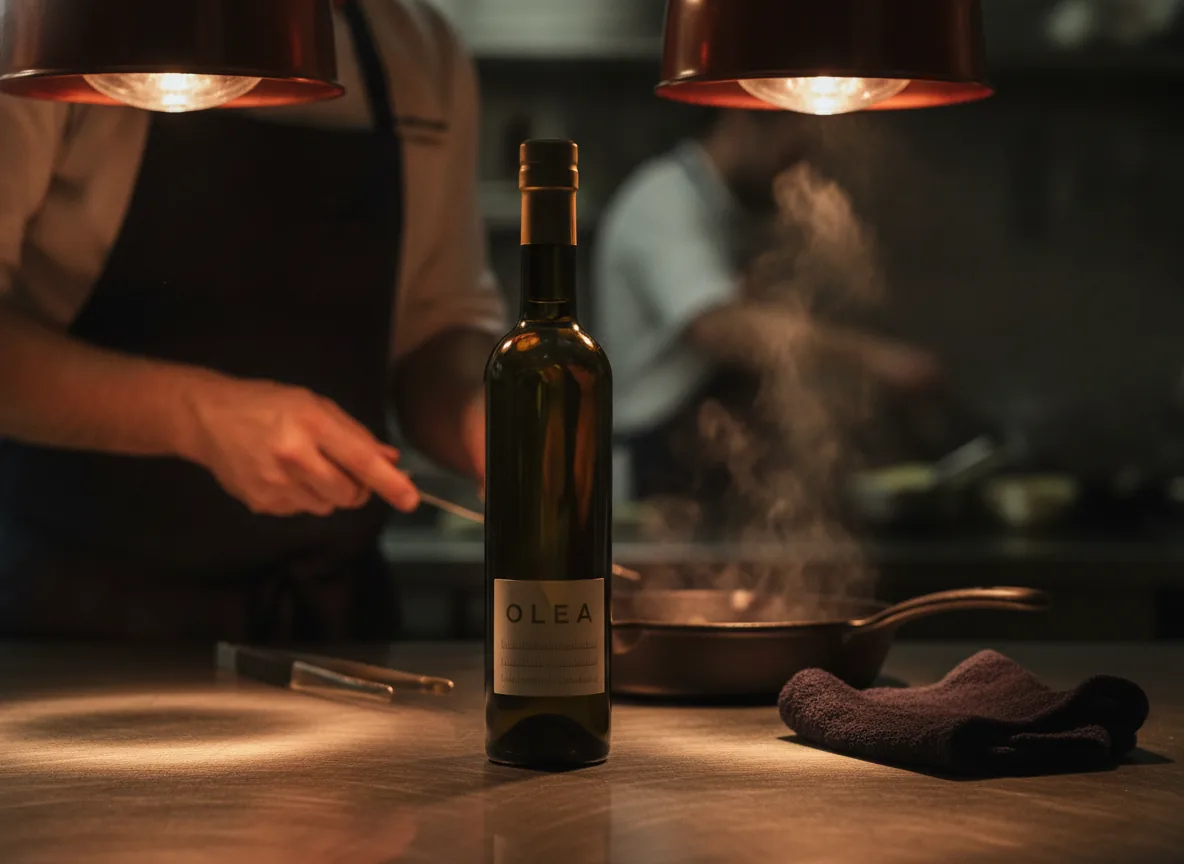 Cocina profesional en penumbra, cobre y madera