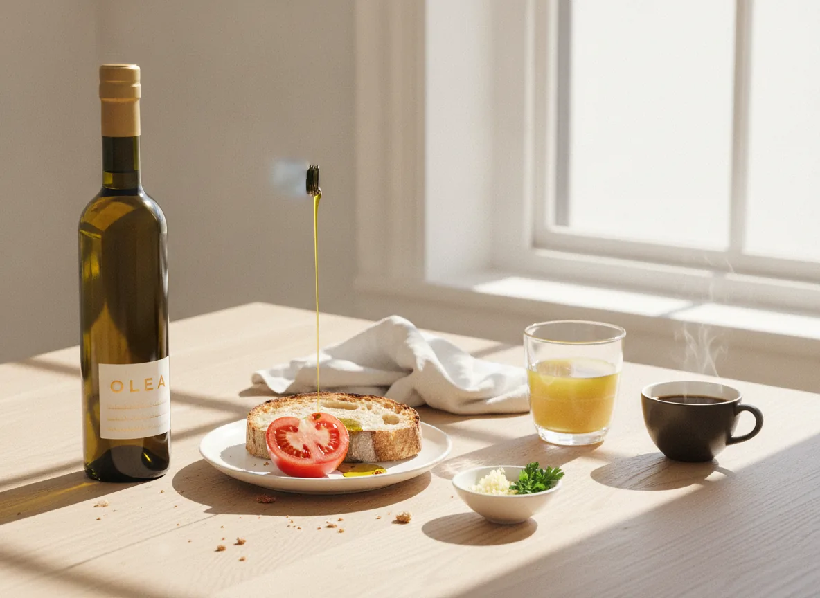 Mesa de desayuno con luz de la mañana, pan y una botella de OLEA