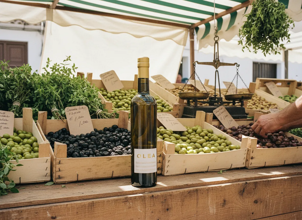 Puesto de mercado a mediodía con botellas alineadas