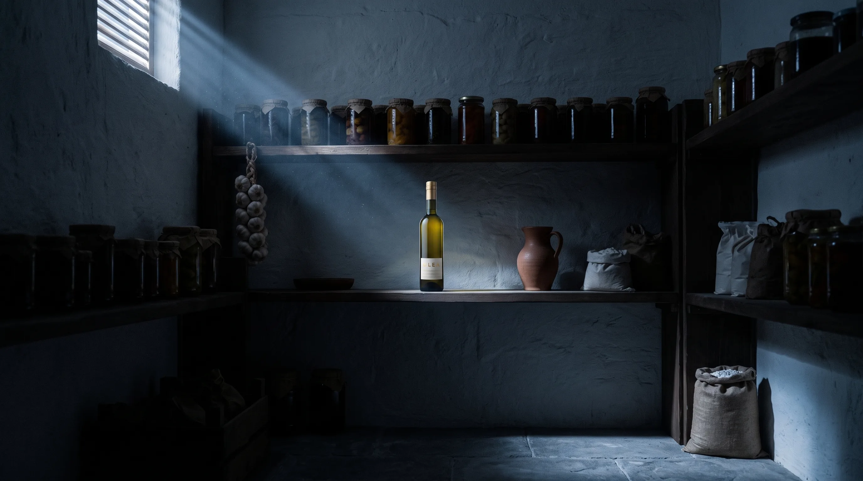 Despensa a oscuras de madrugada; un solo haz de luz cae sobre la botella de OLEA